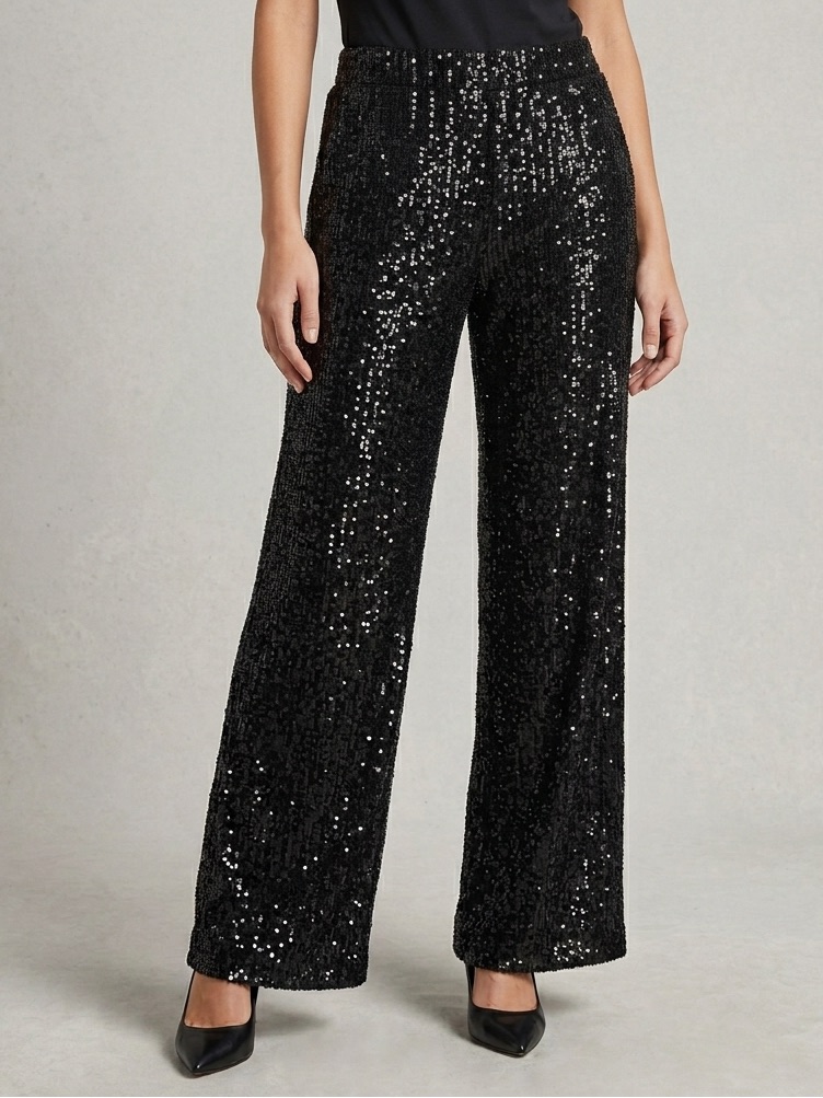 Black Label By Chicos Black Sequin Wide Leg Pants Size 12 Gala Evening